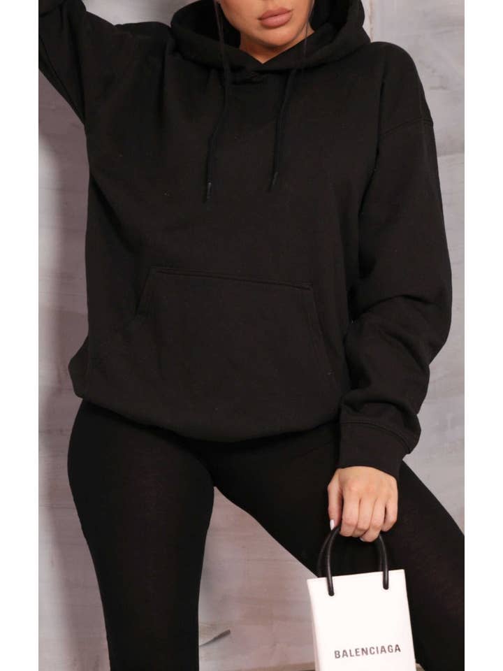 Femme Luxe - Wholesale Hoodie - Women's - Black Oversized Long Sleeve Front Pocket Drawstring Fleece H