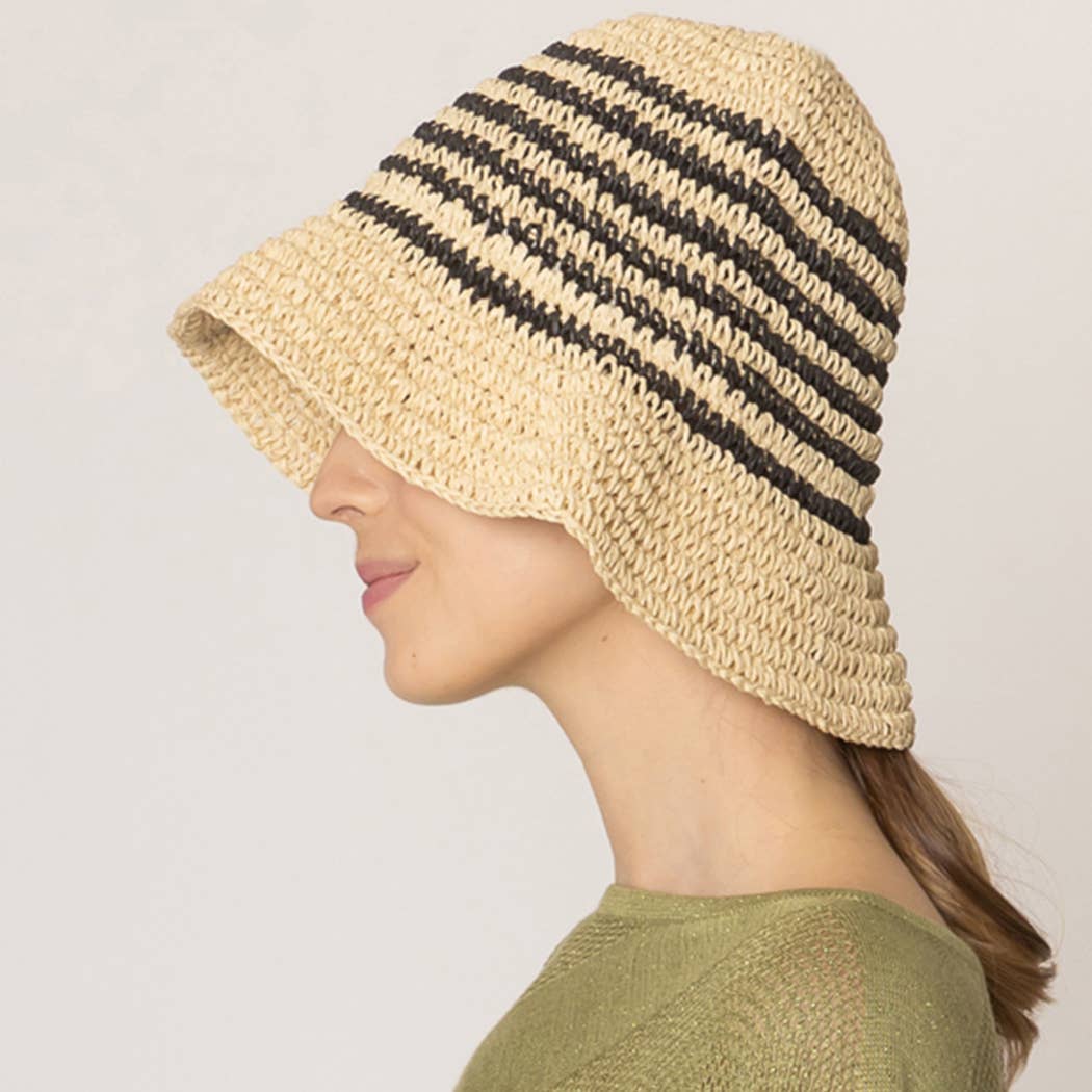 Fashion City - Wholesale Bucket Hat - Women's - Two Tone Stripe Straw Crochet Bucket Hat1