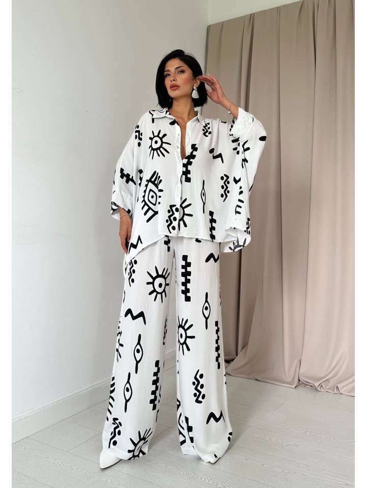 FENOMEN - Wholesale Top & Pant Set (NOT Loungewear) - Women's - Patterned Loose Shirt and Loose Pant Set