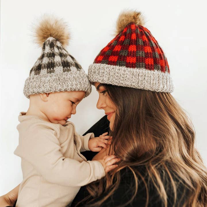 Huggalugs - Wholesale Beanie - Kids - Grey Buffalo Check Pom Pom Beanie Hat Baby & Kids