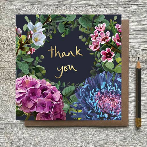 WF 05 - Thank you Floral Gold Foiled Greeting Card for wholesale by Sarah Kelleher