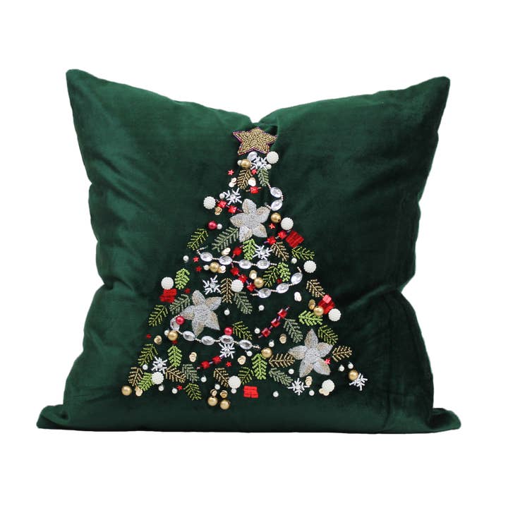 House Of Harkaari - Wholesale Throw/Decorative Pillow - Velvet Beaded Whimsical Christmas Tree Pillow1