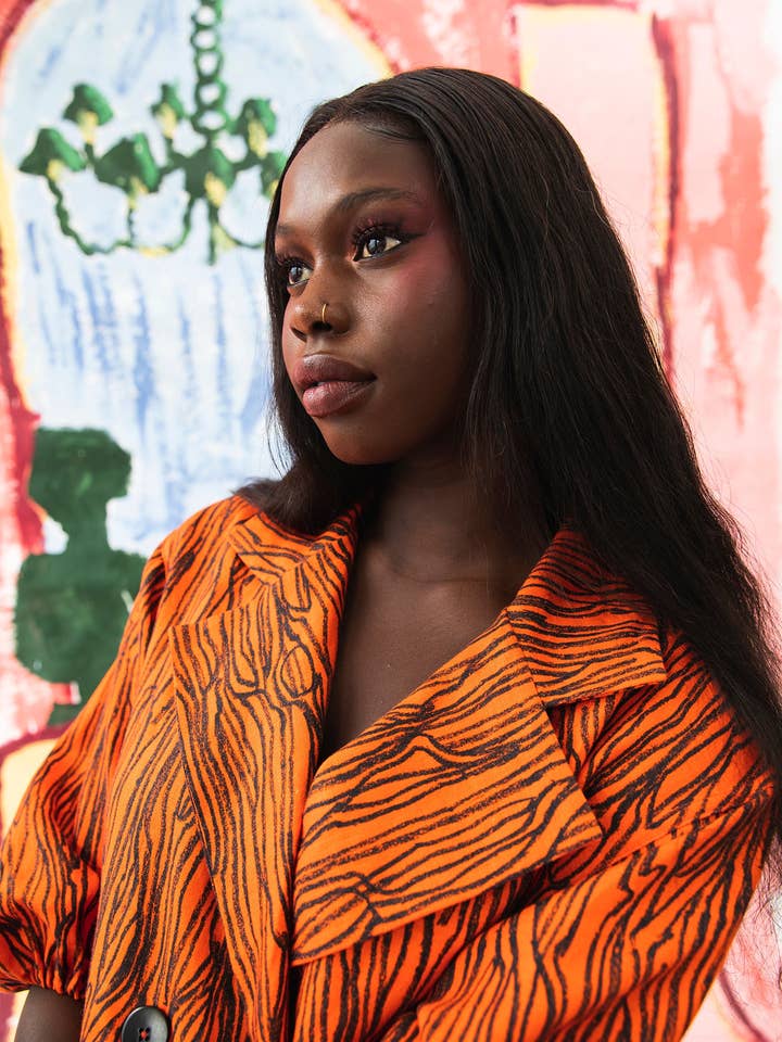 Vestido fato laranja com padrão de madeira por atacado de Tara Whalley