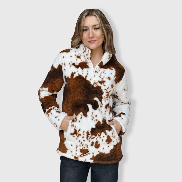 ILTEX Apparel - Wholesale Screen Printed T-Shirt - Women's - Cow Print Brown White Sherpa Pullover Women2