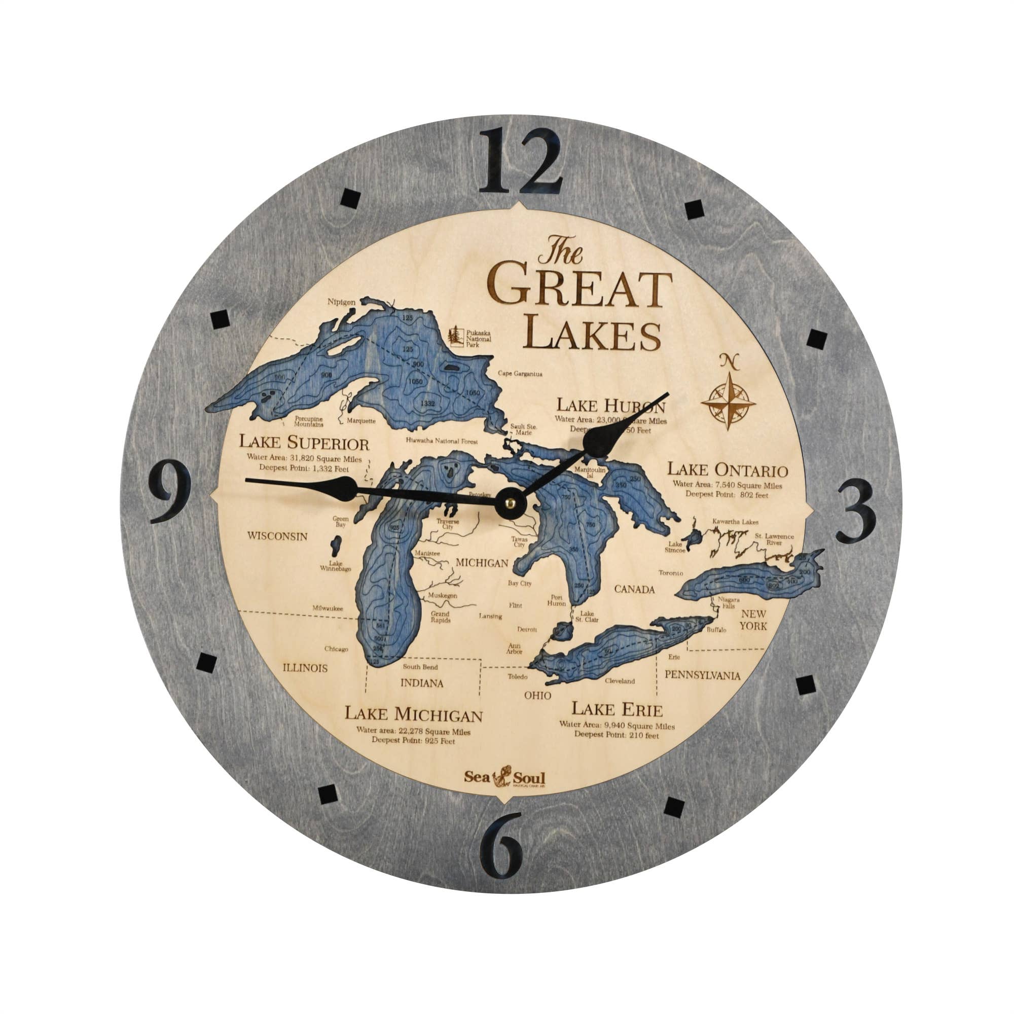 Sea & Soul Nautical Chart Art - Wholesale Muurklok - Great Lakes 3D Nautische kaart houten wandklok - 2 niveaus5