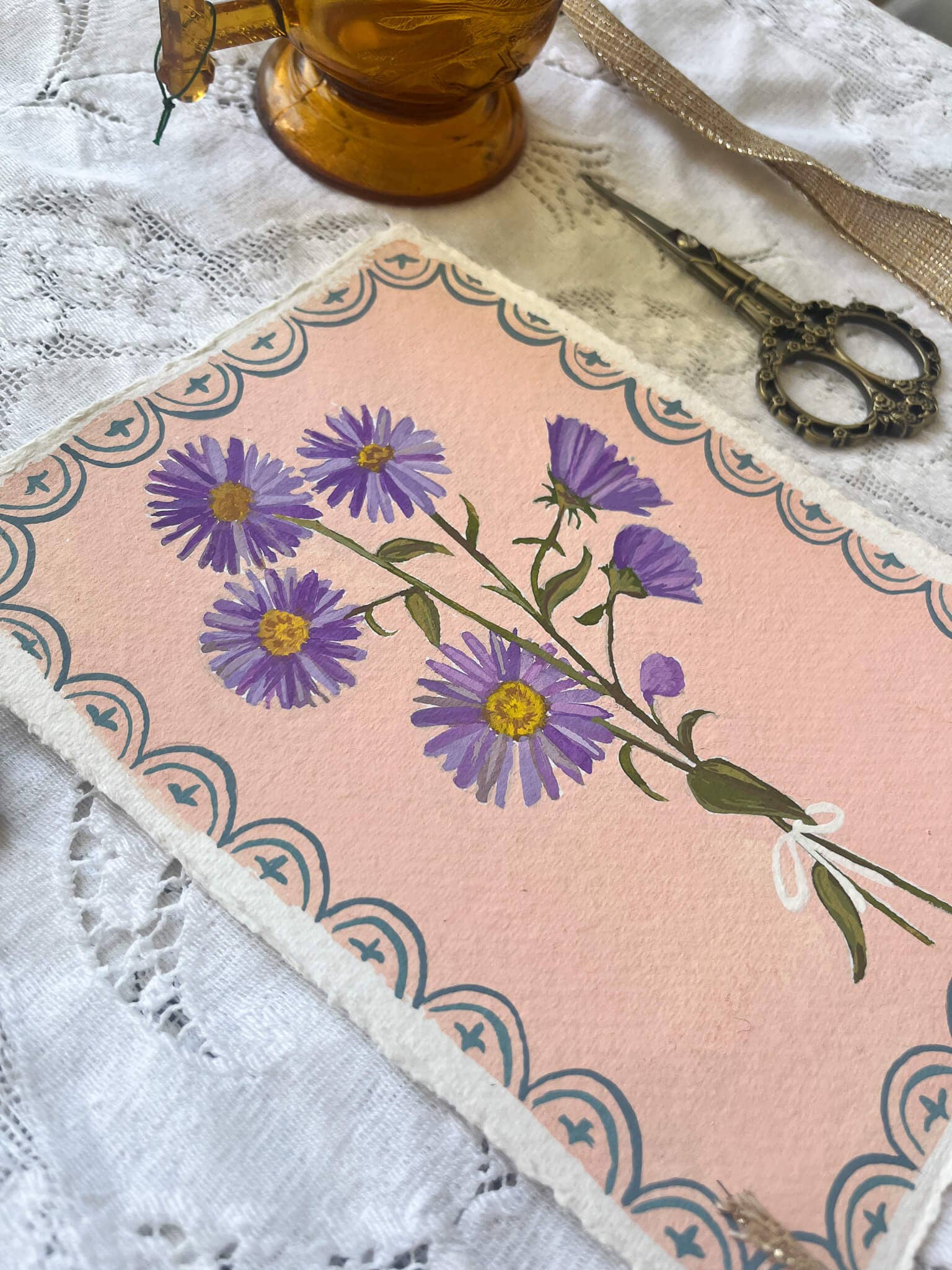 glad you're here co - Wholesale Painting/Drawing - Original September Birth Month Flower – Aster Flower Painting on Handmade Paper – Vintage Botanical Artwork for Elegance & Valor5