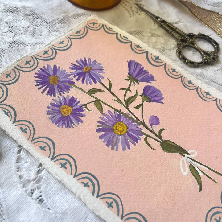 glad you're here co - Wholesale Painting/Drawing - Original September Birth Month Flower – Aster Flower Painting on Handmade Paper – Vintage Botanical Artwork for Elegance & Valor5