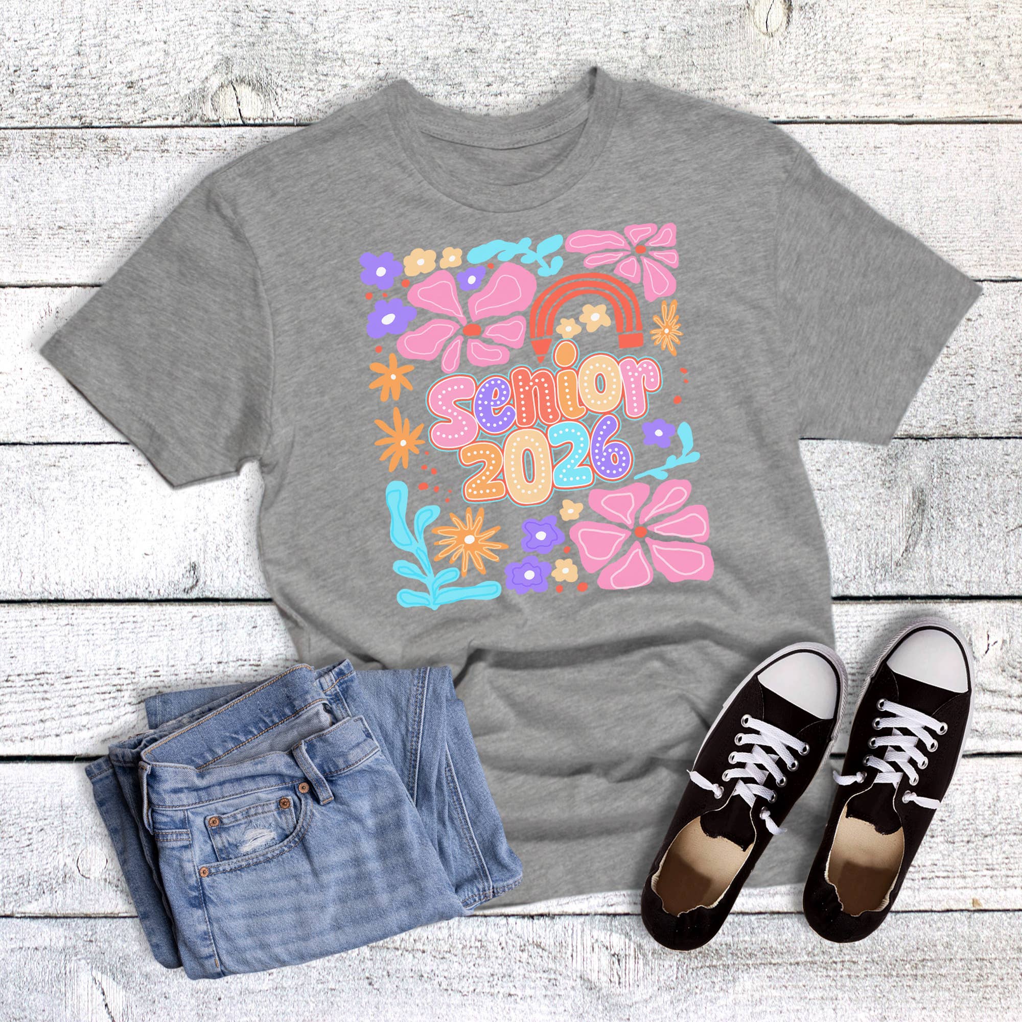 Gray Retro Boho Floral Senior 2026 Graphic Tee for wholesale on Faire0