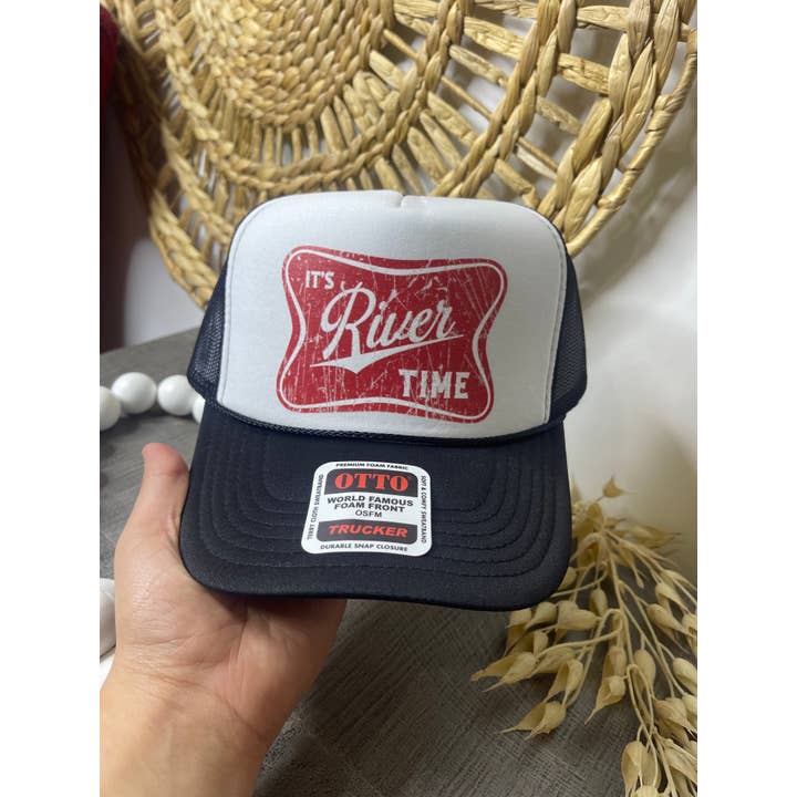 Black and White It's River Time Trucker Hat for wholesale on Faire
