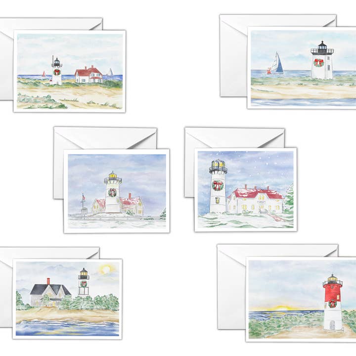 Cape Cod Lighthouses at Christmas Assorted Boxed Set of 12 for wholesale by WonderfullyWrittenCo