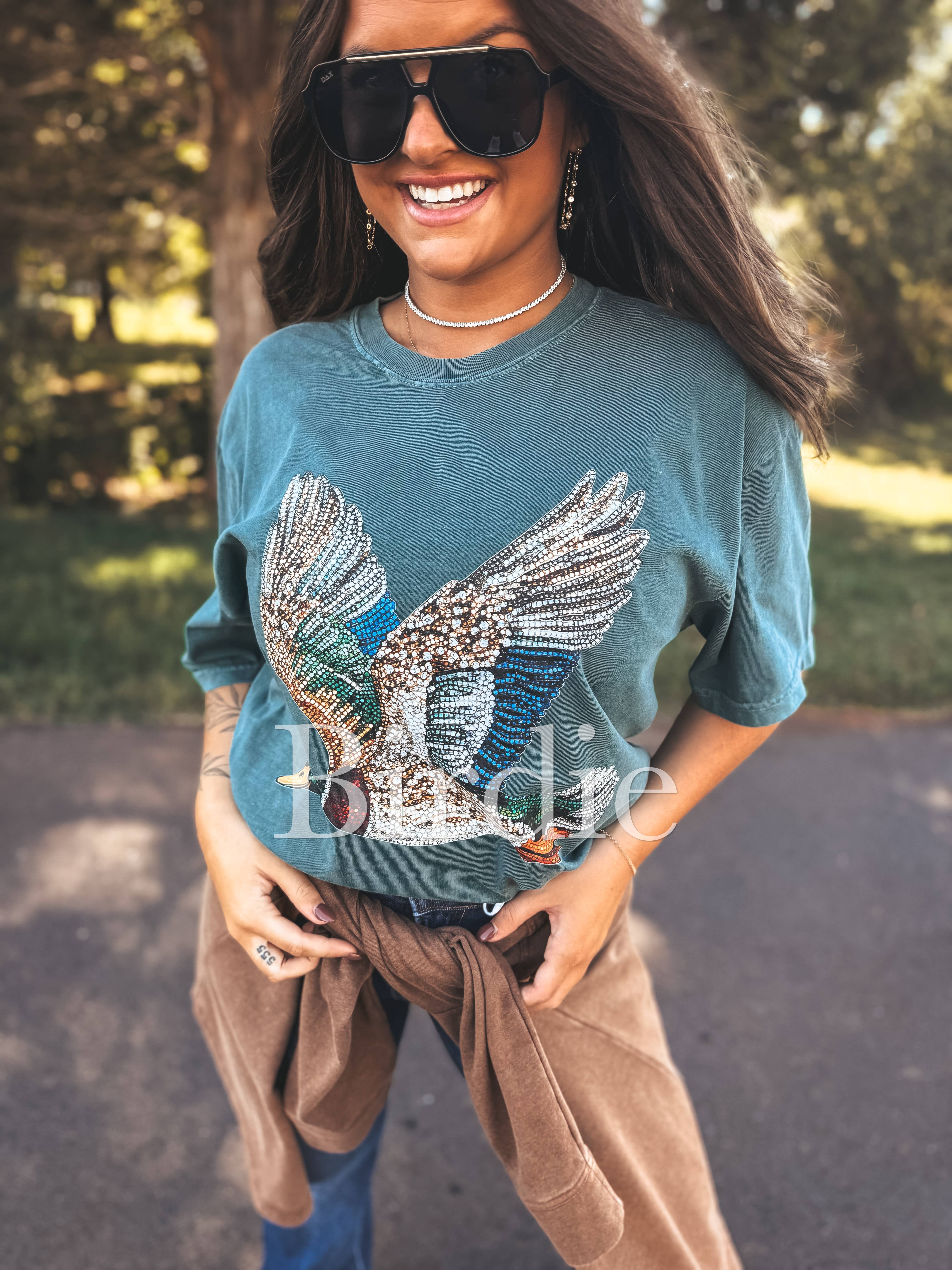 birdie - Wholesale Shirt - Women's - Faux Rhinestone Duck Graphic Tee on Blue Spruce 2