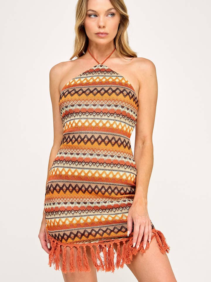 Cabo Mini Dress - Fringe Tribal Print Halter Neck for wholesale by Vestis M
