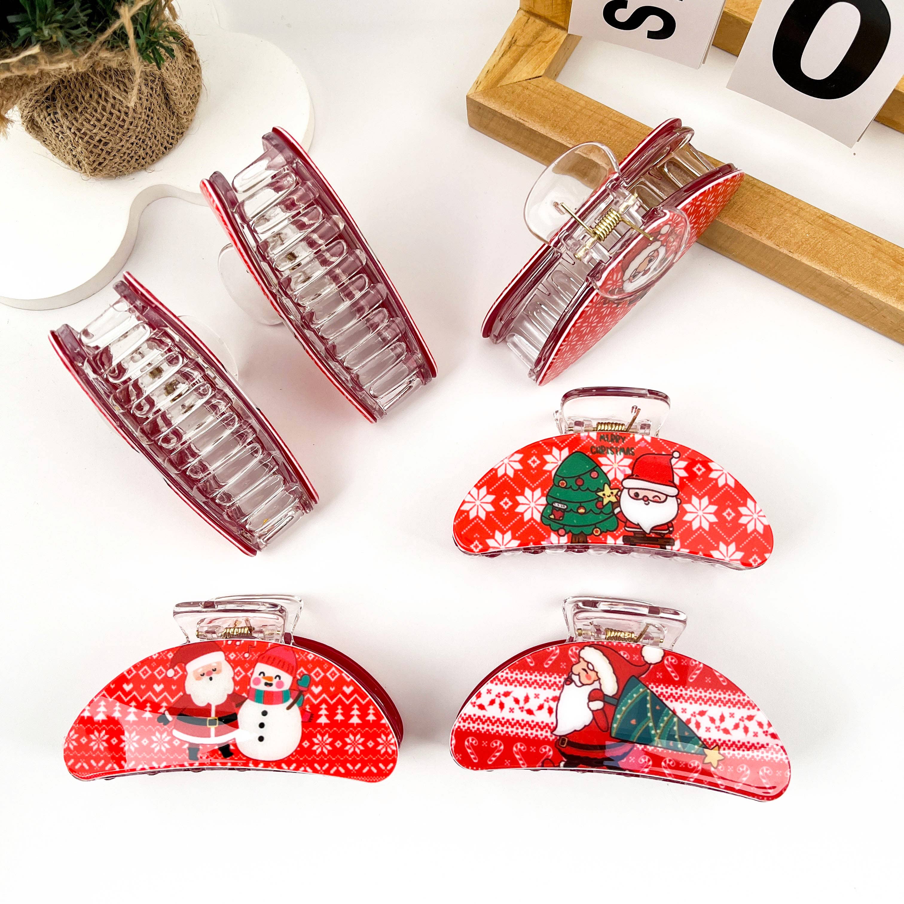 mildstyles - Wholesale Hair Clip - Women's - Christmas Red PU Santa Claus Printed Crescent Hair Claw Clip5