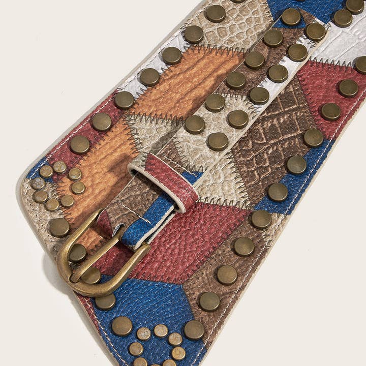 Brown BRONZE NAIL METAL BUCKLE ELASTIC GIRDLE BELT_CWABE0274 for wholesale on Faire