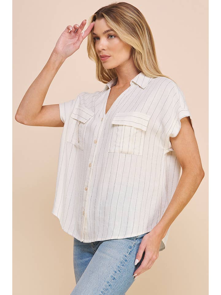 Allie Rose - Wholesale Button Down Shirt - Women's - Dolman V-Neck Shirt in Linen Blend9