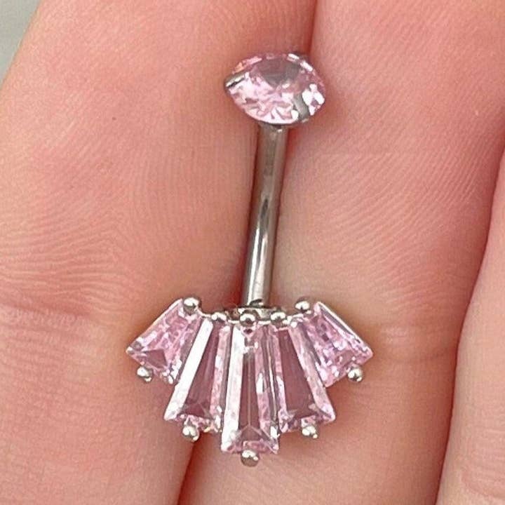 Silver & Pink Belly Button Piercing (14G | 10mm | Surgical Steel | Silver w/Pink CZ, Silver w/Clear CZ, Silver w/Black CZ, Gold, or Rose Gold) for wholesale by Elara Body Jewelry