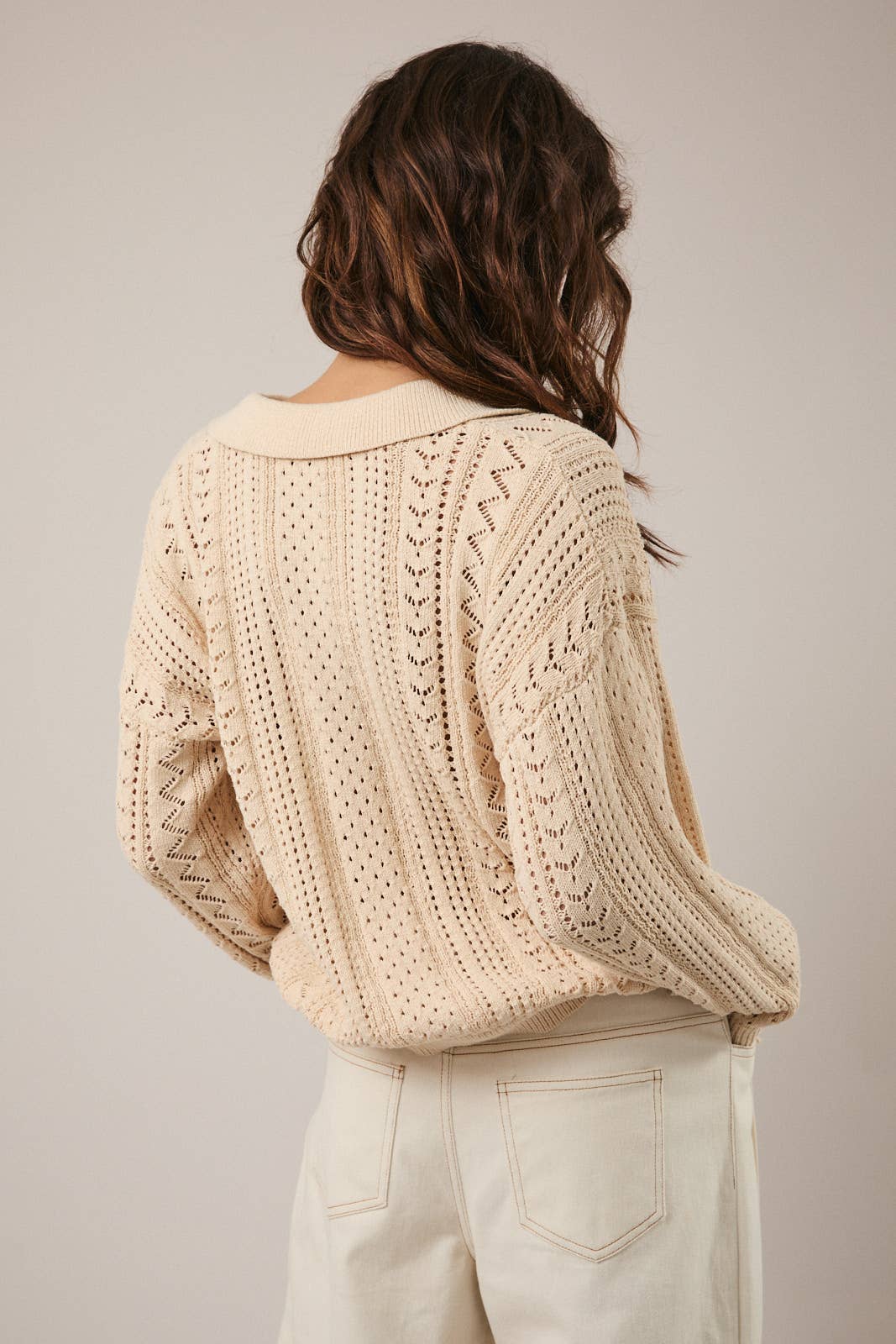 Beige POLO COLLARED OPEN KNIT LONG SLEEVE SWEATER TOP for wholesale on Faire3