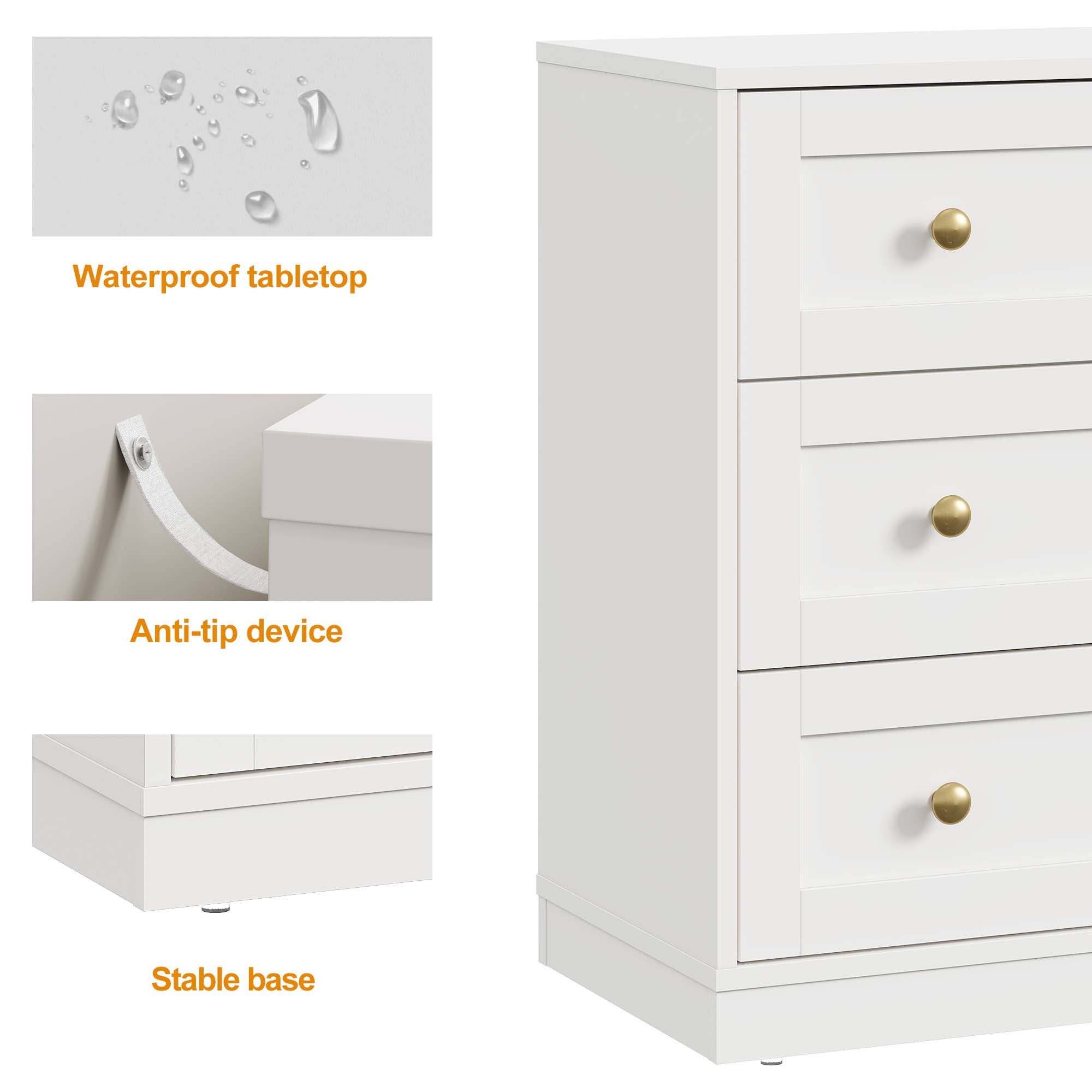 Heynemo - Vente Armoire - Table de chevet à 3 tiroirs, grande table de chevet avec rond doré46