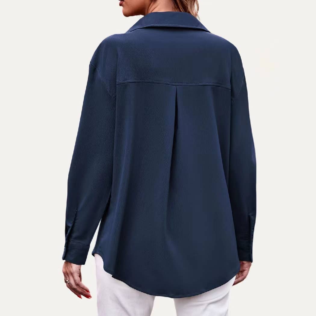 The Moment Collection – Engroshandel Skjorte med buttondown – til kvinder – Tekstureret Ensfarvet Halsudskæring Knap-Down Langærmet Top1