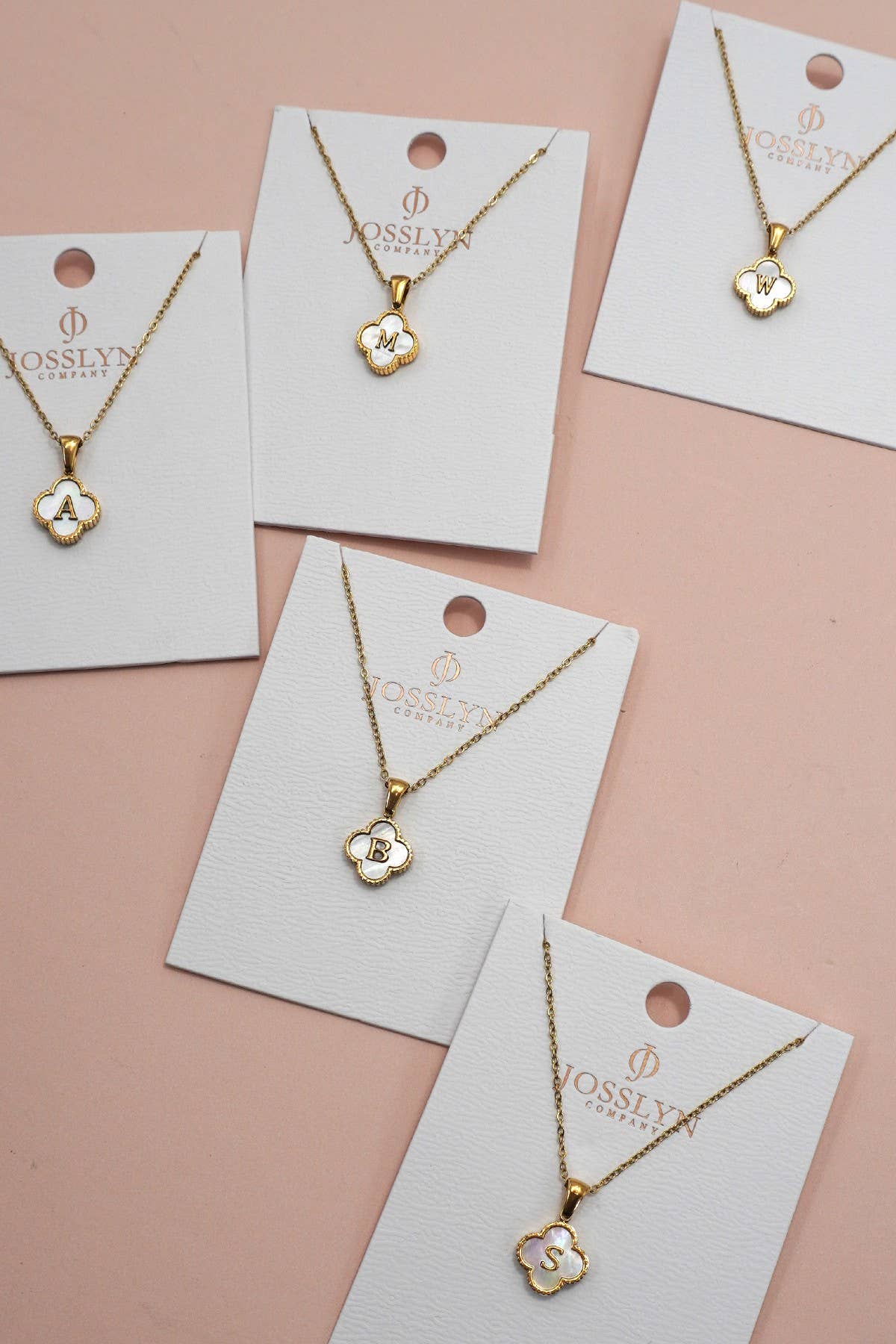JOSSLYN by wall to wall - Wholesale Pendant/Charm Necklace - 18K STAINLESS STEEL MOP CLOVER INITIAL NECKLACE | 40NK94873