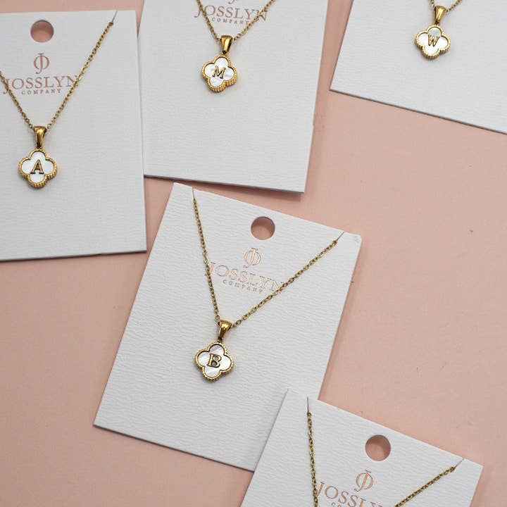 JOSSLYN by wall to wall - Wholesale Pendant/Charm Necklace - 18K STAINLESS STEEL MOP CLOVER INITIAL NECKLACE | 40NK94873