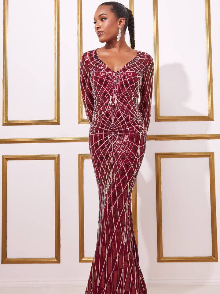 GODDIVA GEO SEQUIN LONG SLEEVE MAXI DRESS DR3495 for wholesale by Goddiva