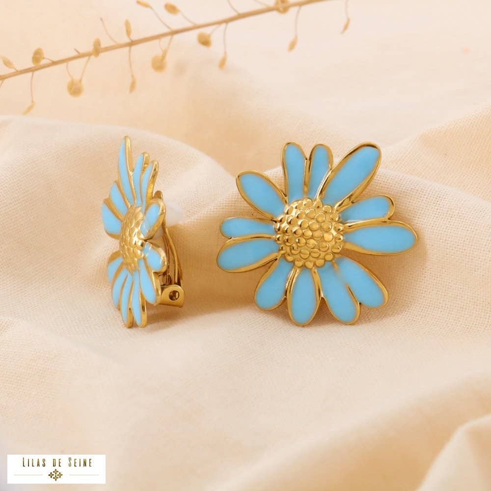 Lilas de Seine – Engroshandel Clip-on-øreringe – Øreringe med klem, emaljeret blå marguerit i stål 03250060