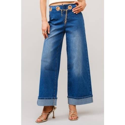 Gold Grommet Chain Belt Wide Leg Jeans w_Pockets for wholesale by BNS