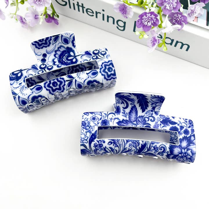 Blue & White Porcelain Pattern Rectangular Hair Claw Clip for wholesale by SoapElenGlen
