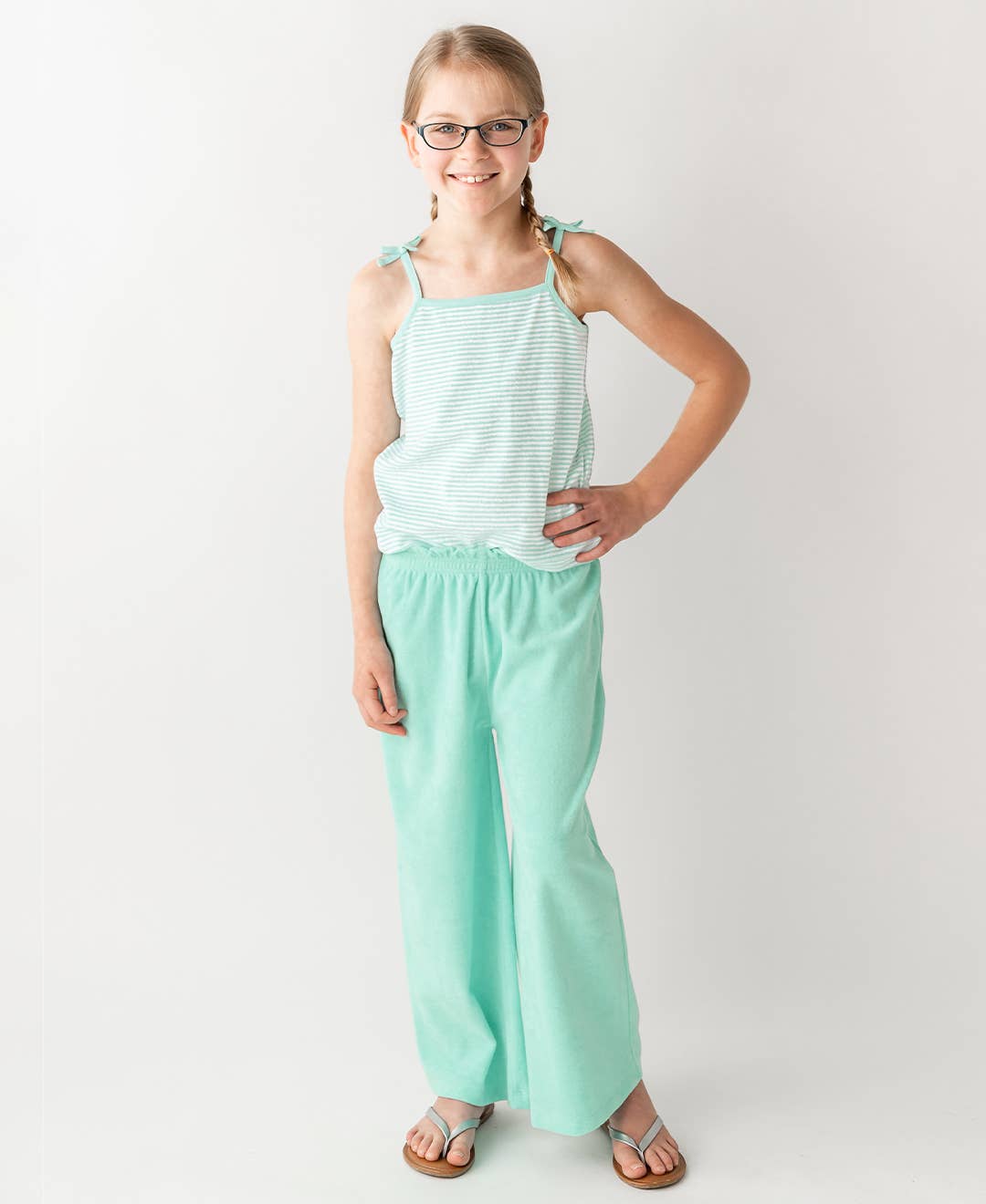 Blue Girls Vintage Aqua Terry Knit Wide Leg Pants for wholesale on Faire3