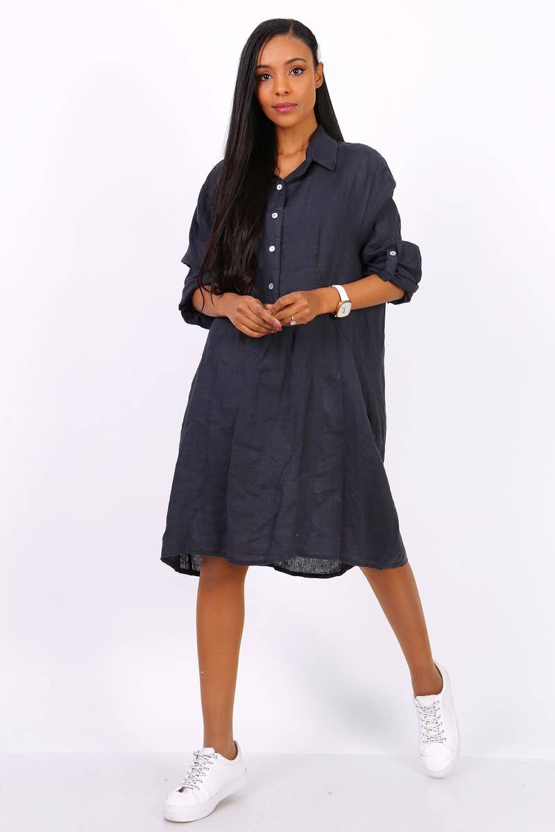 Happy look – Großhandel Kleid – Damen – Kurzes Hemdkleid aus Leinen mit langen Ärmeln12