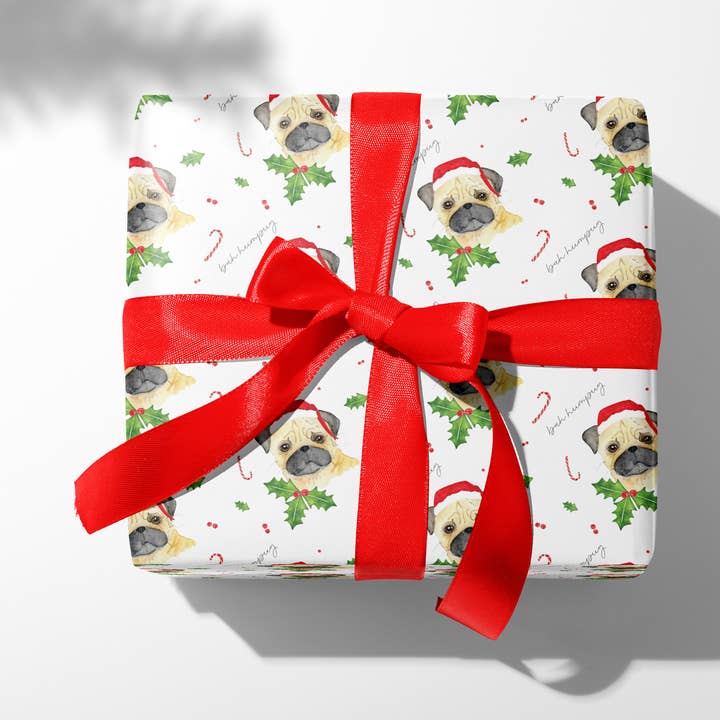 Bah Humpug, Watercolor Santa Pug, Christmas Wrapping Paper for wholesale by mad paperie