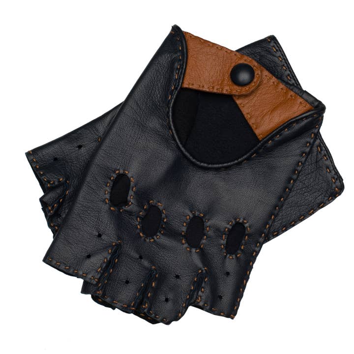 Rome fingerløse handsker i navyblåt og kamelfarvet læder for engroshandel hos 1861 Glove Manufactory