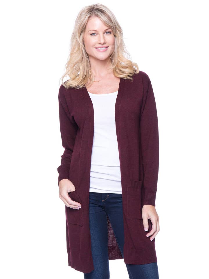 Wool Blend Long Open Cardigan - Bordeaux for wholesale by Tocco Reale