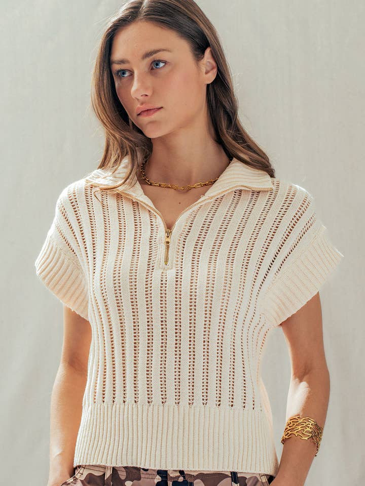 Ribbed Knit Half-Zip Mock Neck Sweater Vest for wholesale by Urban Daizy