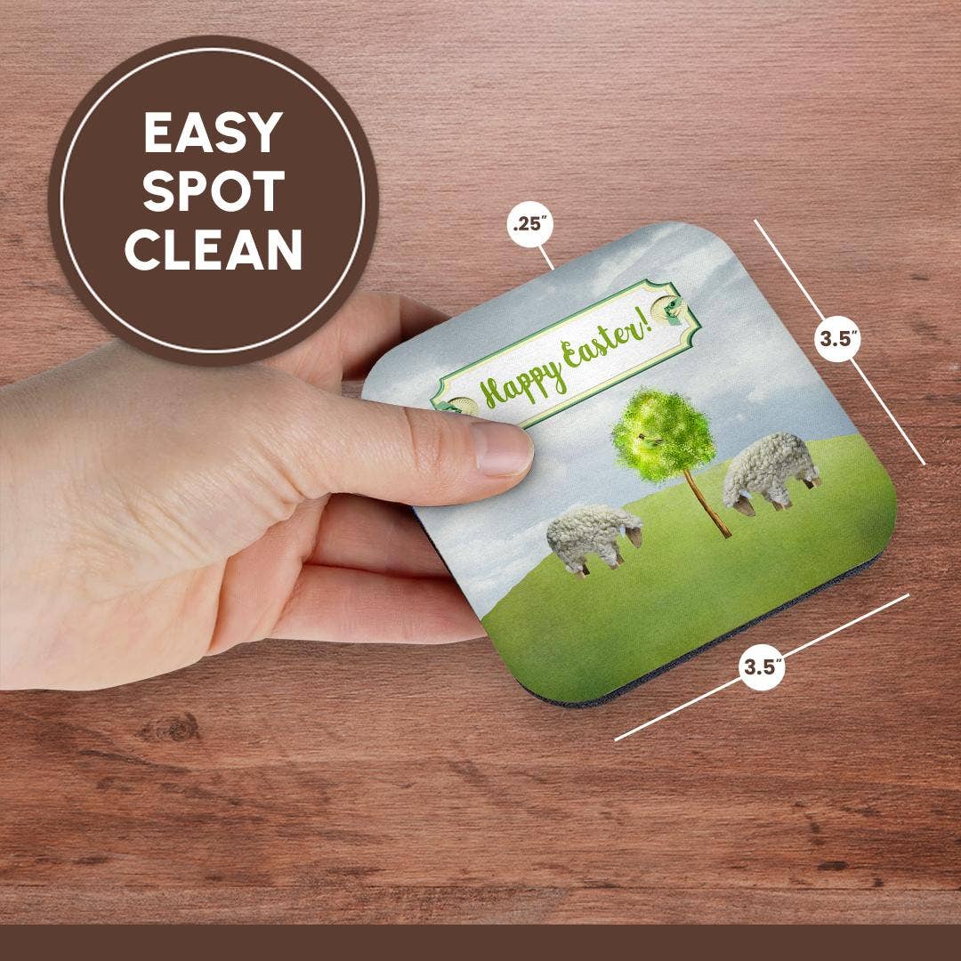 3dRose - Wholesale Coasters - 3dRose, Sheep Eating Grass, Tree with Bird, Happy Easter on Button Tag, Coaster13