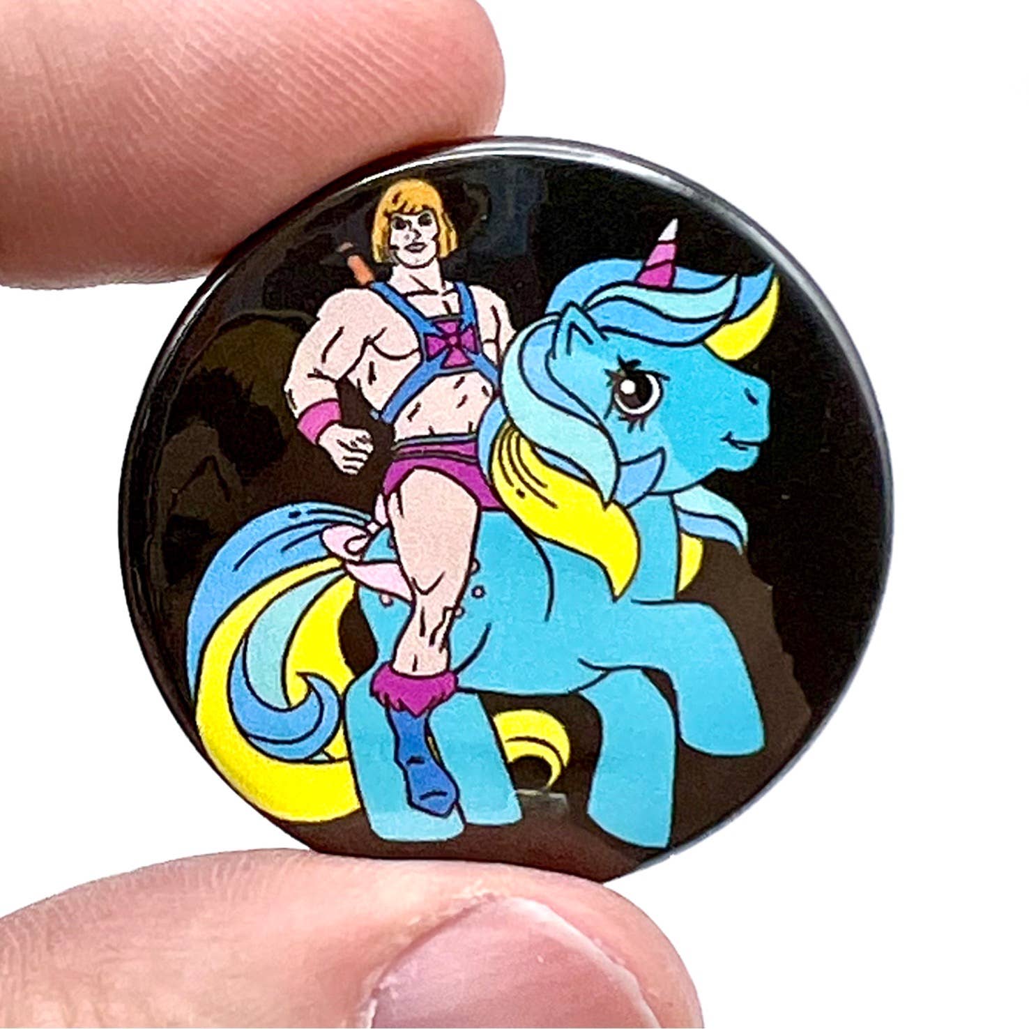 Bite Your Granny – wholesale Lapel pin/button – My Little He-Man Pony 1980s Inspired Black Button Pin Badge
