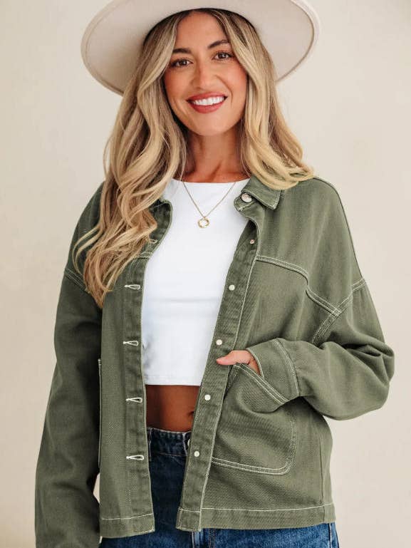Smoke Green Patched Pocket Collared Button Front Boyfriend Denim Jacket for wholesale by Sweet Lover Fashion