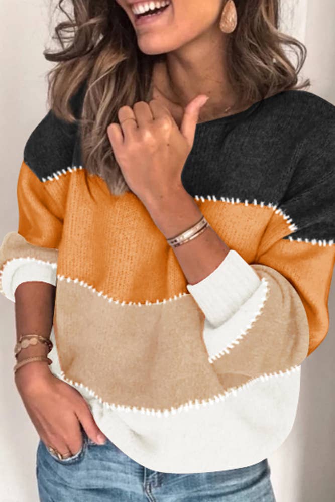 UNISHE - Wholesale Knit Sweater - Women's - Loose Color Block Pullover Knitting Sweater TOPW14865