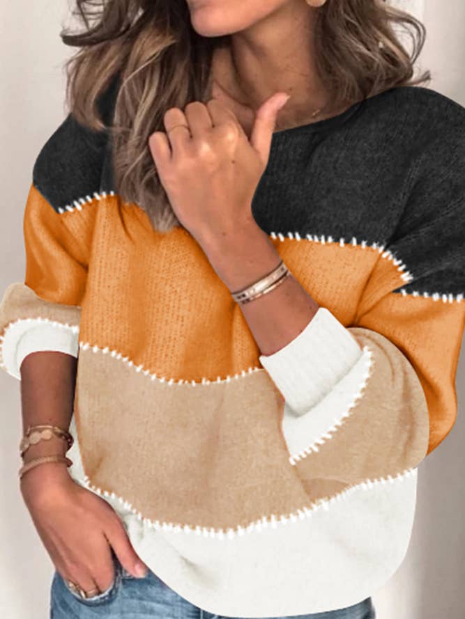 UNISHE - Wholesale Knit Sweater - Women's - Loose Color Block Pullover Knitting Sweater TOPW14865