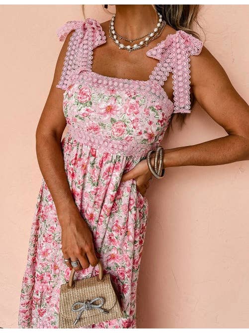 Crossed Arrows Clothing Wholesale co. - Wholesale Dress - Women's - Floral Lace Tied Strap Empire Waist Maxi Dress1