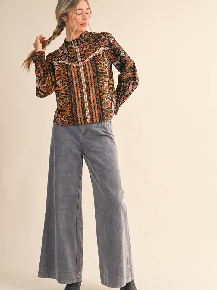 &MERCI - Wholesale Blouse - Women's - EXCLUSIVE FLORAL PRINT TOP WITH FLORAL TRIM MTP45285