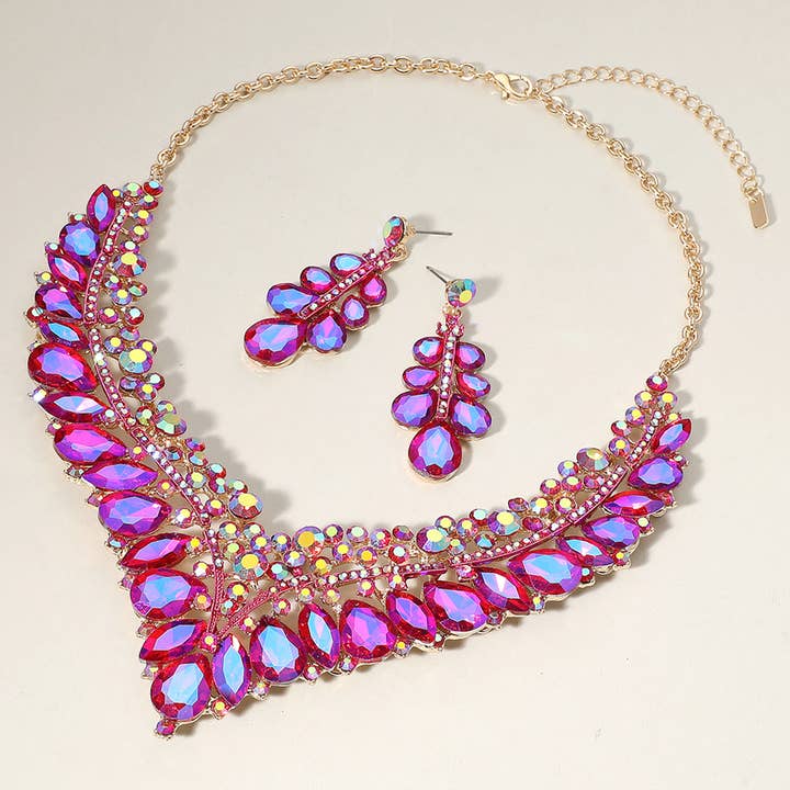 Sensibling Corp. - Wholesale Jewelry Set - Teardrop Marquise Round Stone V Shaped Evening Necklace8