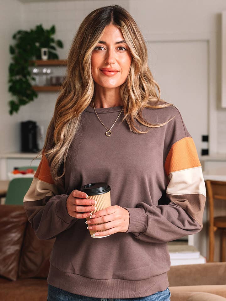 Dark Khaki Color Block Drop Shoulder Pullover Casual Sweatshirt for wholesale by Sweet Lover Fashion