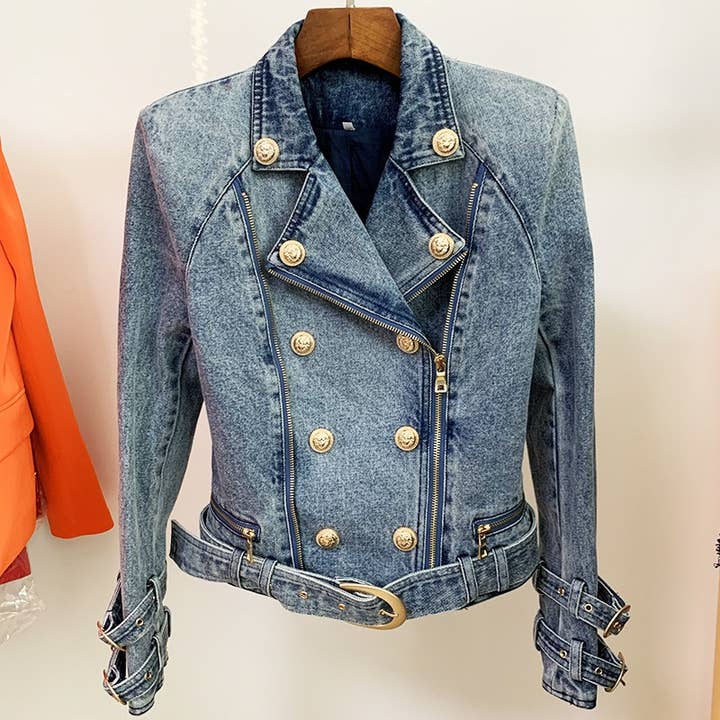 BL205 Edgy Denim Biker Jacket with Diagonal Zipper for wholesale by Productseeker