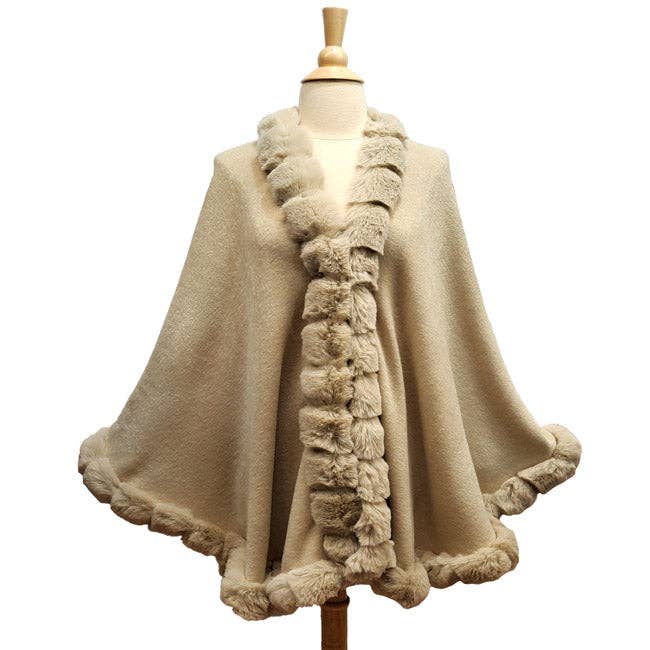 Madeline Love - Wholesale Poncho - Women's - Elegant Faux Fur Trim Knit Poncho Ruana Cape