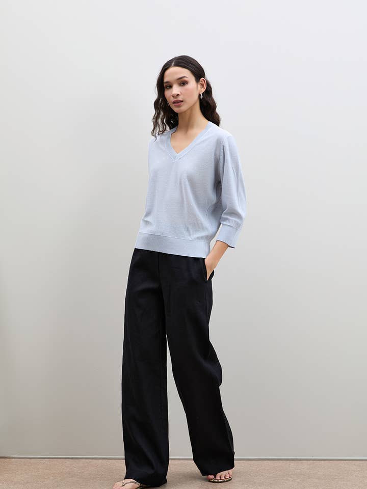 Jersey de cuello en V con micro lentejuelas para venta al por mayor de Serianno