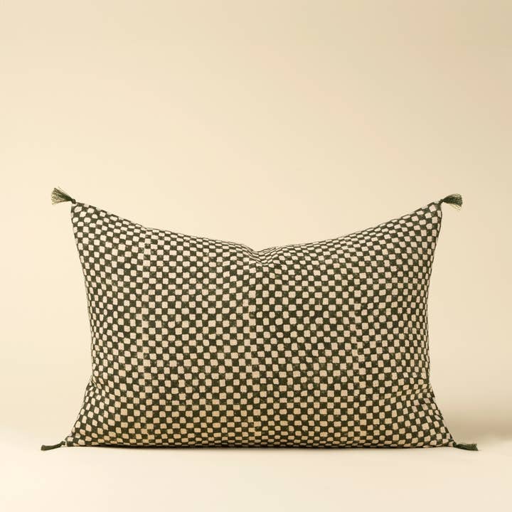 16x24 Block Print Check Linen Pillow, Green for wholesale by Indaba Trading