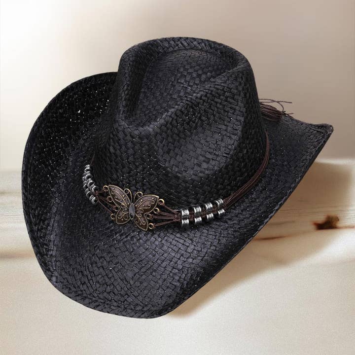 Sensibling Corp. - Wholesale Cowboy Hat - Women's - Western Butterfly Faux Leather Band Straw Cowboy Fedora Hat