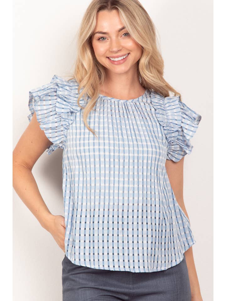 MANGO NT11480-Layer Ruffle Sleeve Plaid Flannel Woven Top for wholesale on Faire